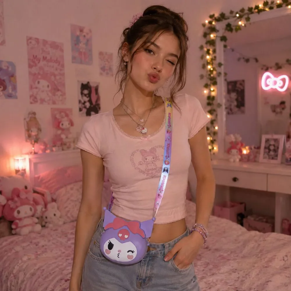 Purple Kuromi Kawaii Kissy Face Mini Crossbody Bag Cute Gift Idea Set Bundle